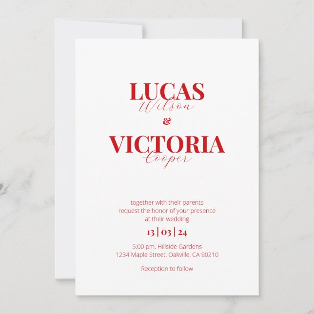 Modern bright red wedding invitation (Front)