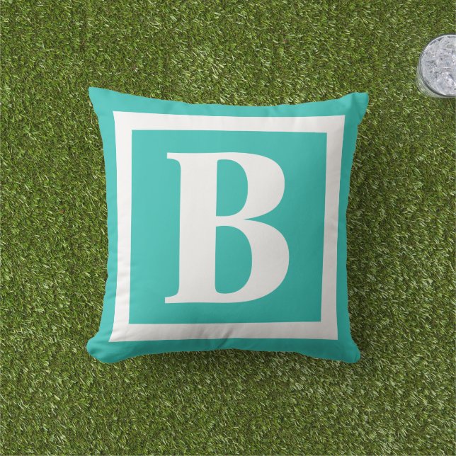Modern Bright Turquoise White Monogram Cushion (Grass)