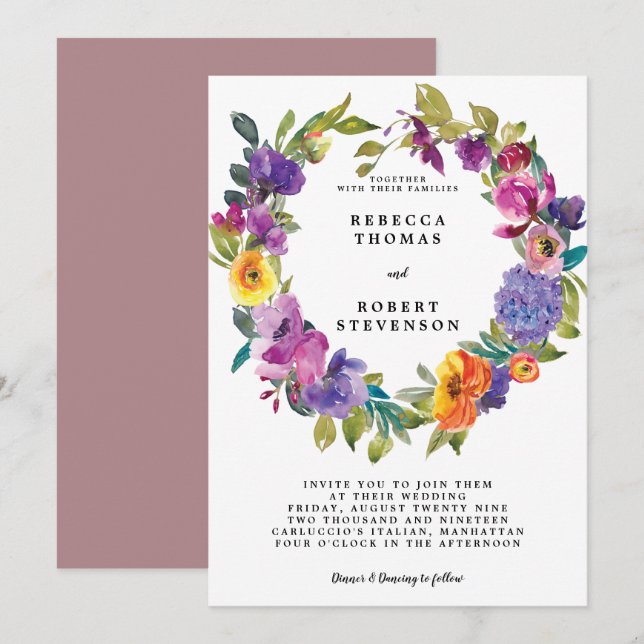 modern bright wedding invitation floral wreath (Front/Back)