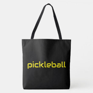 Modern Bright Yellow PICKLEBALL Text On Black Tote Bag