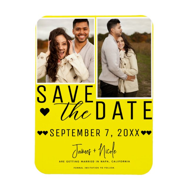 Modern Bright Yellow Save the Date 2 Photo Wedding Magnet (Vertical)