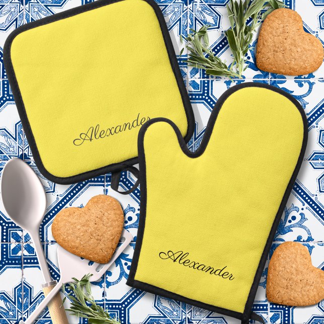 Modern  Bright yellow  template,  Black Script  Oven Mitt & Pot Holder Set (Creator Uploaded)