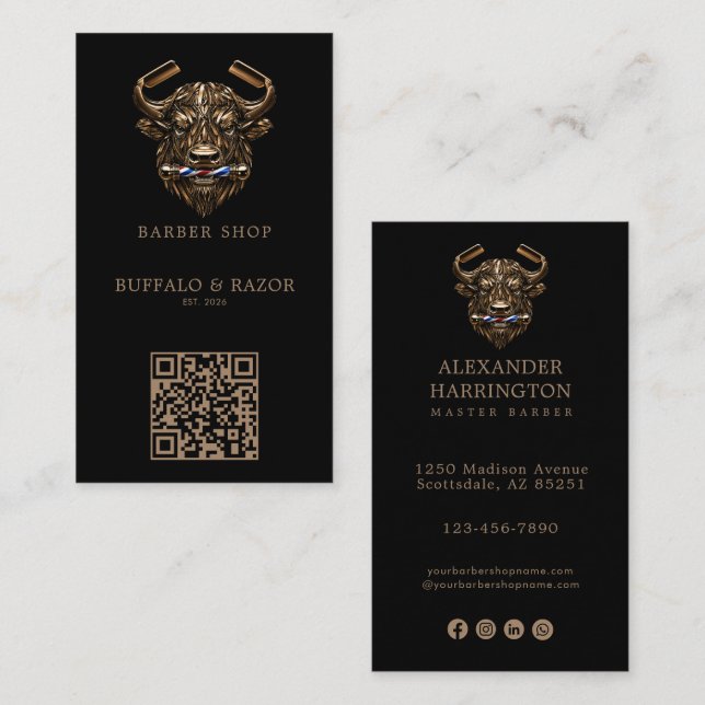 Modern Bronze Buffalo Barber Shop Logo Qr Code Business Card (Front/Back)