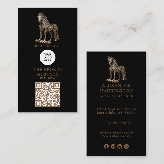 Modern Bronze Mustang Barber Shop Logo Qr Code Business Card (Front/Back)