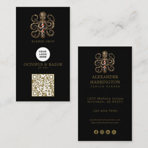 Modern Bronze Octopus Barber Shop Logo Qr Code Business Card