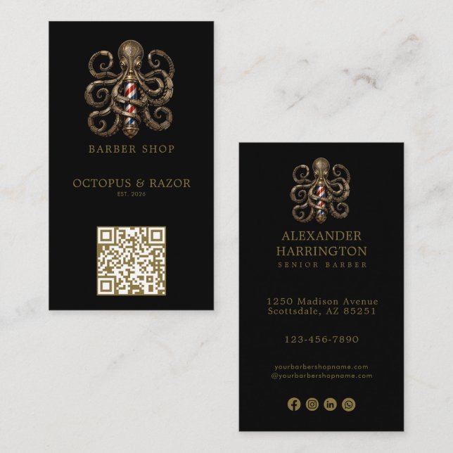 Modern Bronze Octopus Barber Shop Logo Qr Code Business Card (Front/Back)