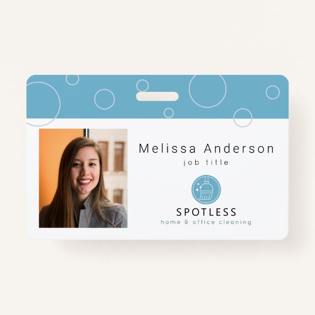 Modern Broom Logo Blue Cleaning Service ID Photo Badge (Front)