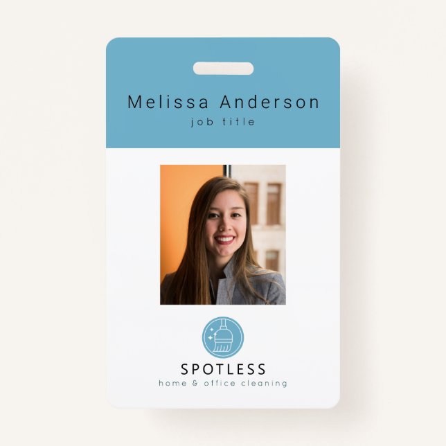 Modern Broom Logo Blue Cleaning Service ID Photo ID Badge (Front)
