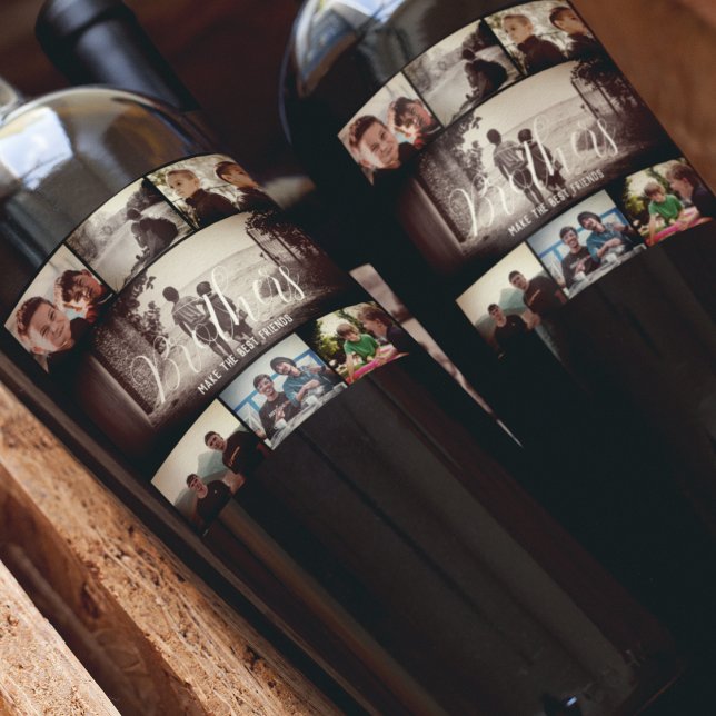 Modern Brother Best Friends Dark Photo Collage  Wine Label (Creator Uploaded)