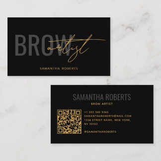 Modern brow artist QR Code black gold Business Card