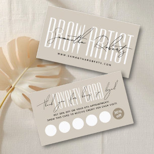 Modern brow artist script typography beige loyalty card