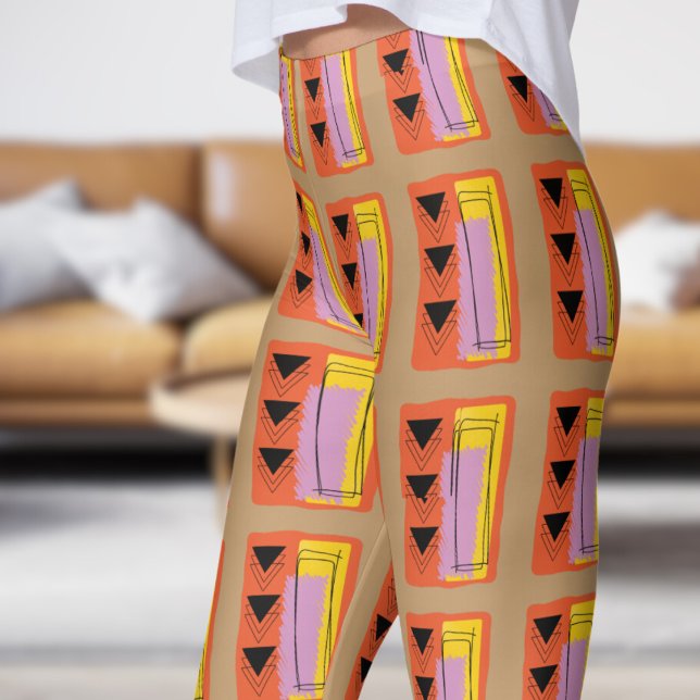 Modern Brown Abstract Block Pattern Leggings (Abstract Block on Camel)