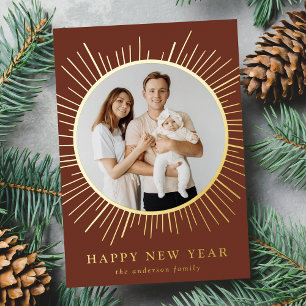 Modern Brown and Gold Sunburst New Year Photo