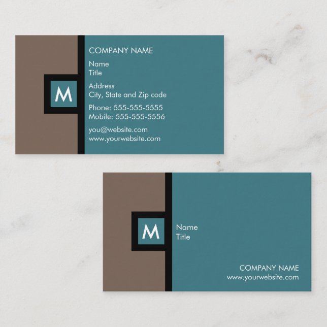 Modern Brown and Teal Monogram Business Card (Front/Back)
