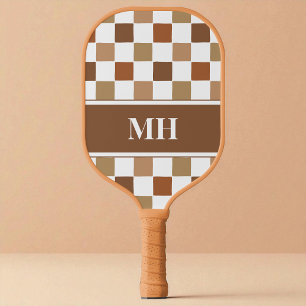 Modern Brown and White Checkered Initials Monogram Pickleball Paddle