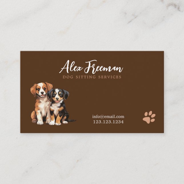 Modern Brown and White Puppies Dog Sitting Business Card (Front)