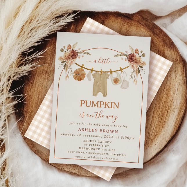 Modern Brown Arch Floral Clothesline Baby Shower Invitation (Rustic Fall Baby Shower Invitation Template, Fall Baby Shower Invitation Clothesline, Autumn Baby)