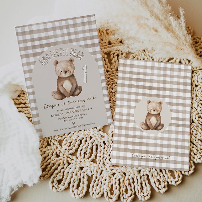 Modern Brown Arch Our Little Bear 1st Birthday Invitation (Our Little Bear 1st Birthday Invitation Template, Editable Bear Themed First Birthday Invite Boy,)