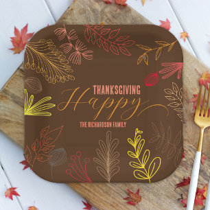 Modern Brown Autumn Botanical Family Thanksgiving Paper Plate