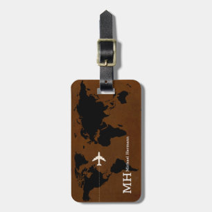 modern brown black travel world-map custom luggage tag