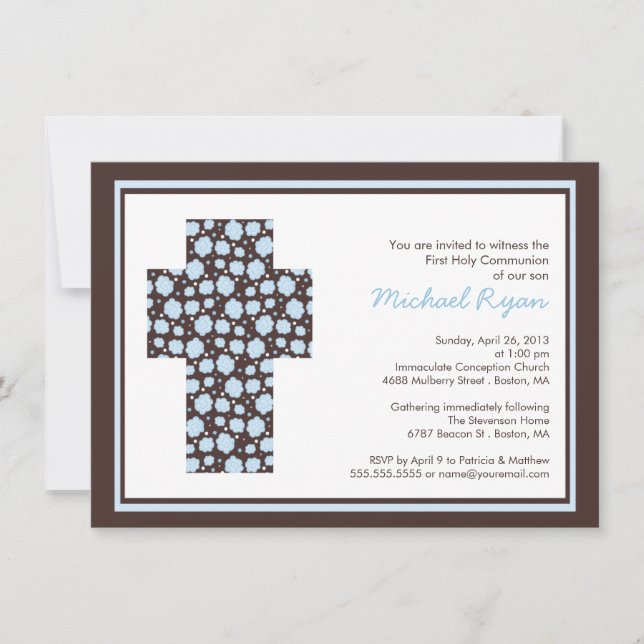 Modern Brown Blue Cross Boys  CommunionInvitation Invitation (Front)