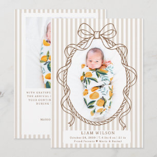 Modern Brown Bow Frame Stripes Photo Baby Birth Announcement