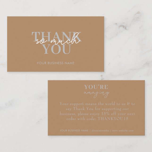 Modern Brown Business Elegant Thank You Business Card (Front/Back)