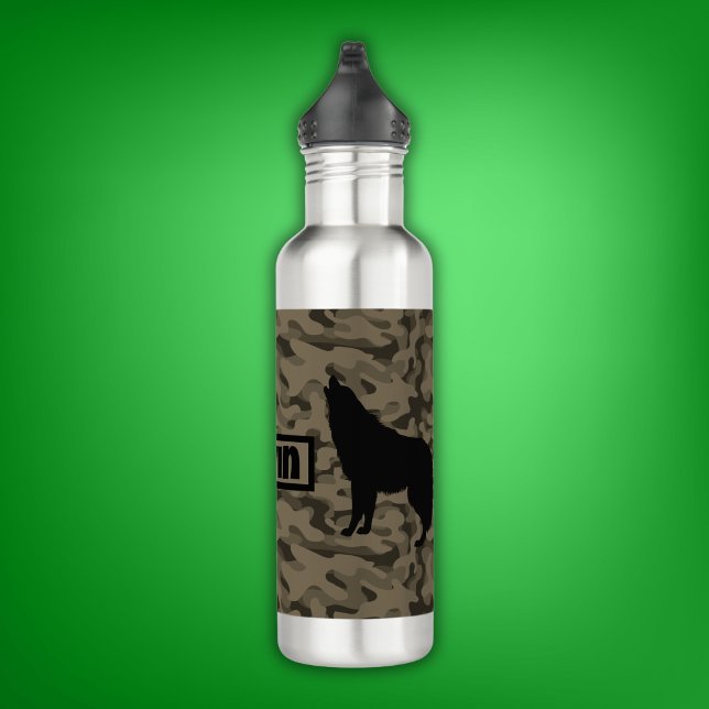 Modern Brown Camo Black Wolf Silhouette Monogram | 710 Ml Water Bottle (Creator Uploaded)