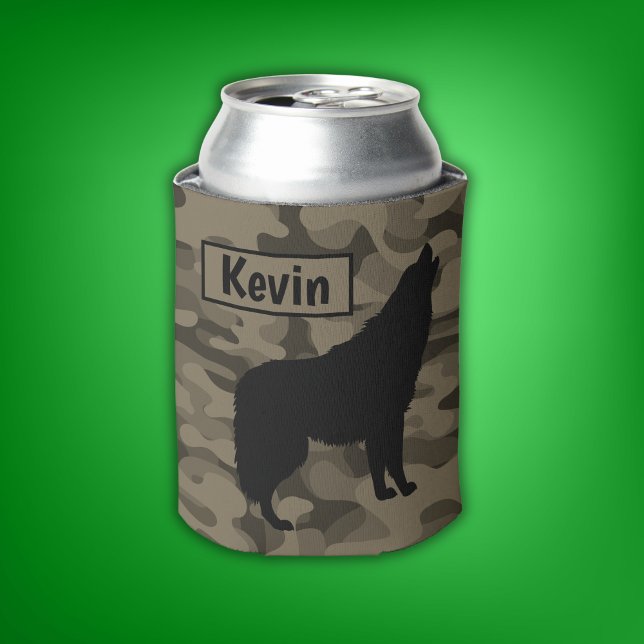 Modern Brown Camo Black Wolf Silhouette Monogram | Can Cooler (Creator Uploaded)