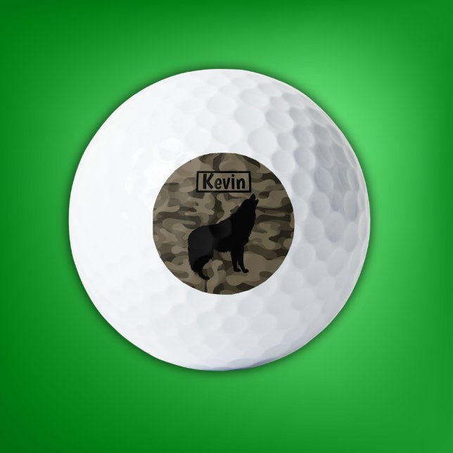 Modern Brown Camo Black Wolf Silhouette Monogram | Golf Balls (Creator Uploaded)