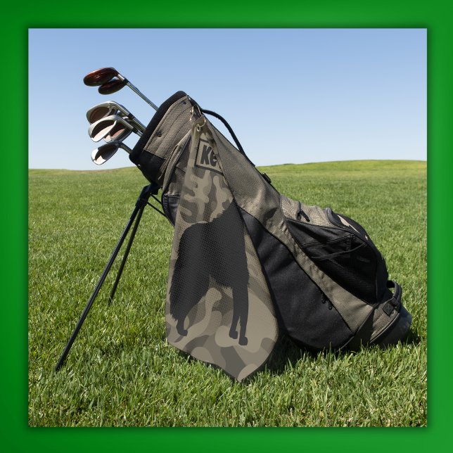 Modern Brown Camo Black Wolf Silhouette Monogram | Golf Towel (Creator Uploaded)