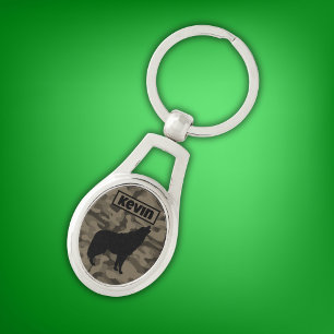 Modern Brown Camo Black Wolf Silhouette Monogram Key Ring