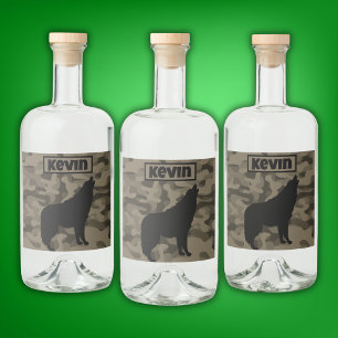 Modern Brown Camo Black Wolf Silhouette Monogram Liquor Bottle Label