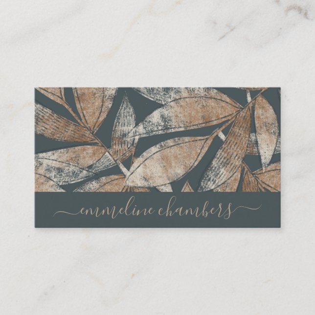 Modern Brown Charcoal Grey Leaf Pattern  Business Card (Front)