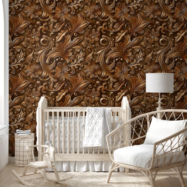 Modern Brown Cowboy Western Carving Floral Pattern Wallpaper (Kids)