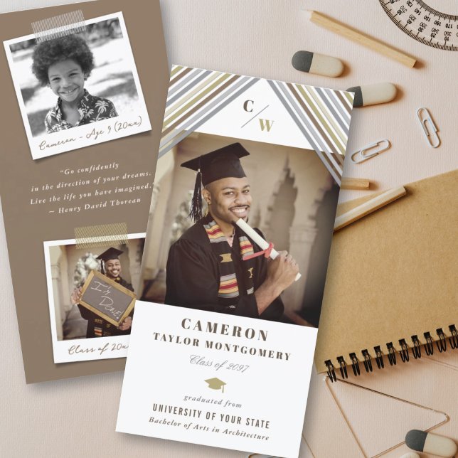 Modern Brown Diagonal Stripes Photo Graduation Announcement (Creator Uploaded)