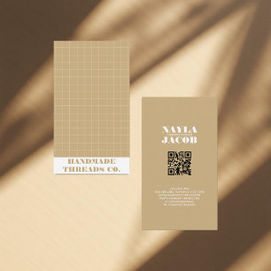 Modern Brown Earth Tone Chequered Pattern QR Code  Business Card