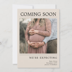 Modern Brown Editorial Baby Photo Pregnancy Reveal Announcement