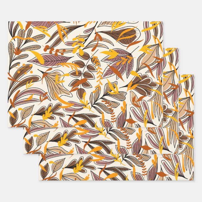 Modern Brown Fall Leaves Illustration Pattern Wrapping Paper Sheet (Set)