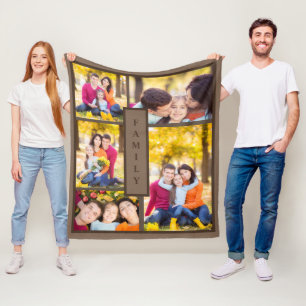 Modern Brown Family 5 Photo Collage Template Fleece Blanket