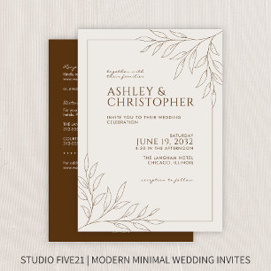 Modern Brown Foliage Outline All-in-One Wedding Invitation