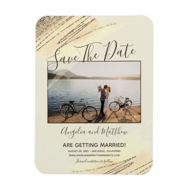 Modern Brown Gold Glitter Spark Save Th Date Photo Magnet (Vertical)