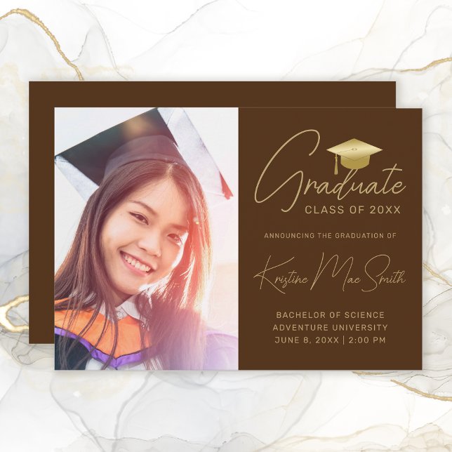 Modern Brown Gold Script Photo College Graduation Announcement (Modern Brown Gold Script Photo Graduation Announcement)