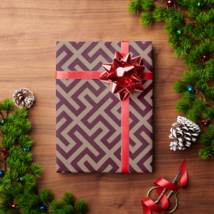 Modern brown greek key geometric pattern monogram wrapping paper
