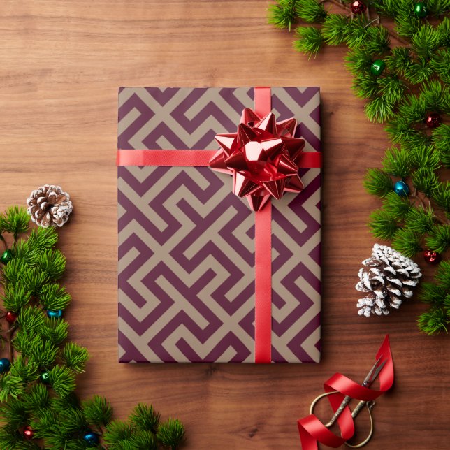 Modern brown greek key geometric pattern monogram wrapping paper (Holiday Gift)