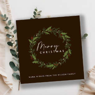 MODERN BROWN HOLLY BERRY WREATH MERRY CHRISTMAS HOLIDAY CARD