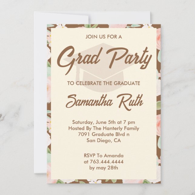 Modern Brown Ivory Floral Graduation Party Invitation (Front)