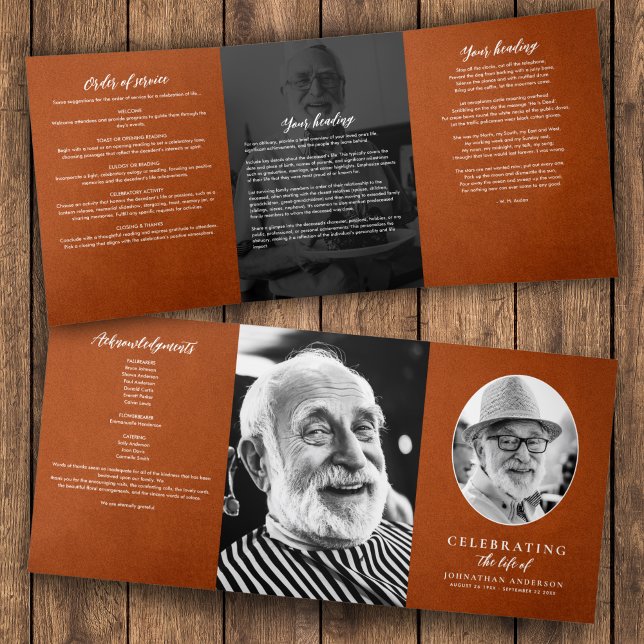 Modern Brown Leather 3-Photo Funeral/Memorial Tri-Fold Programme (Creator Uploaded)