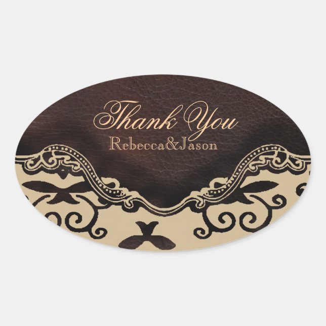 modern brown leather damask country thankyou oval sticker (Front)
