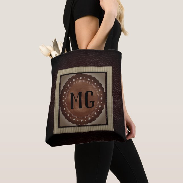 Modern Brown Leather Monogram Tote Bag (Close Up)